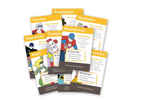 Teamrolkaartjes van de 9 Teamrollen van Belbin